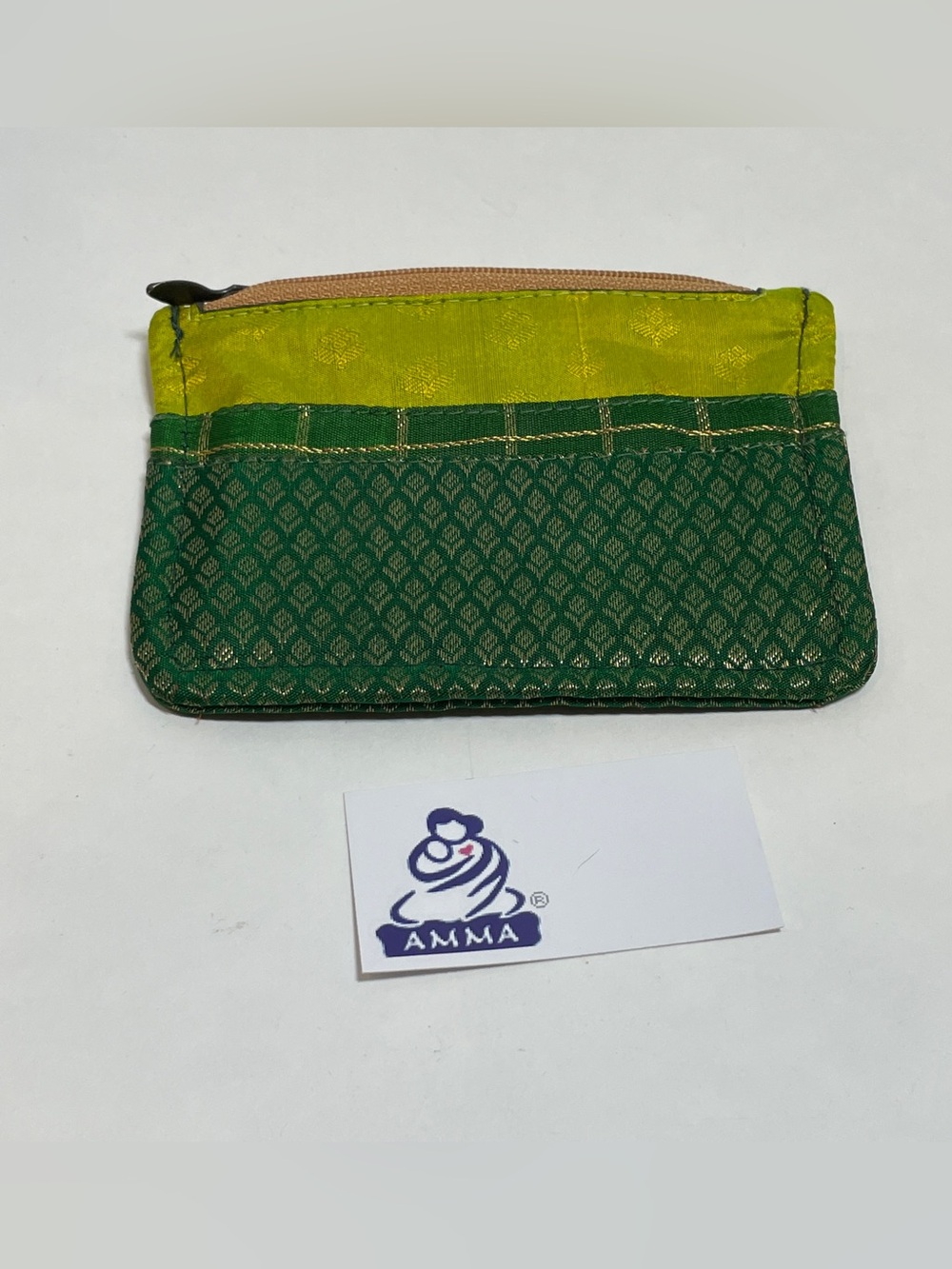 Silk Coin Purse, Amma,  India Lined Zipper Wallet Lipstick Fabric Gift Bag, Lime